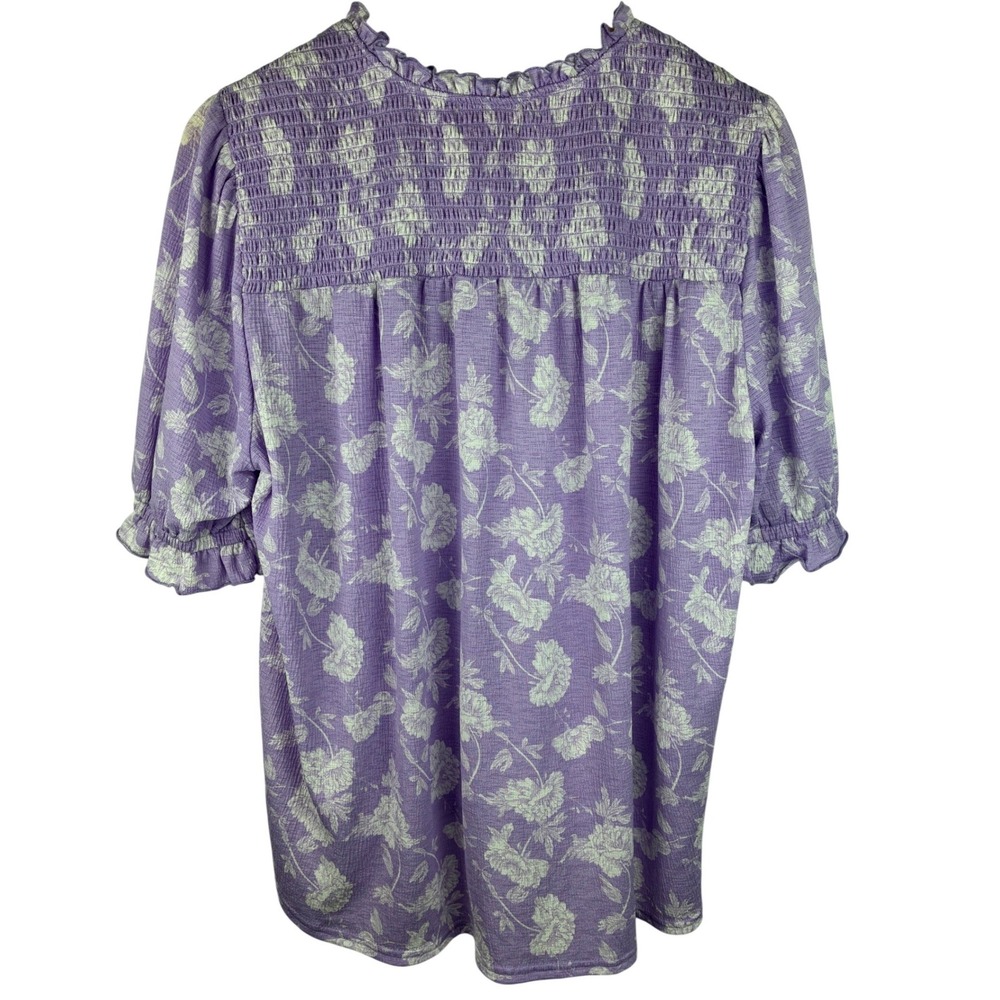Lavender Floral Smocked Peasant Blouse Boho Cottagecore Ruffle Top L - Picture 6 of 7